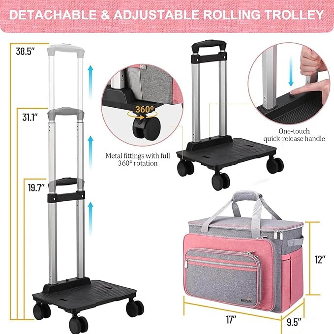 FINESUN Sewing Machine Case with Wheels, Rolling Sewing Machine Bag, Universal Craft Storage Bag for Brother Singer Janome and Most Embroidery Machine Carrying Tote Bag Pink