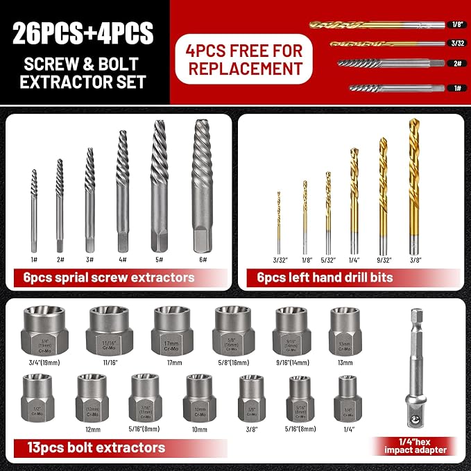 30PCS Screw Extractor Set & Bolt Extractor Set, Left Hand Drill Bit Set, Easy Out Extractor Set，Stripped Bolt Remover Tools，Cobalt HSS Steel Kit for Damaged, Rounded-Off Bolts, Screws, Nuts, Studs