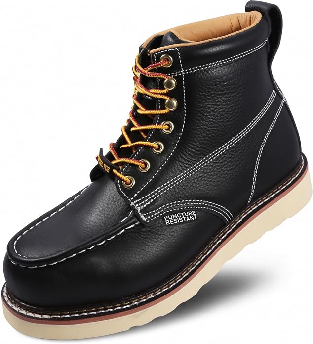 Work Boots for Men, 6" Leather Lightweight Comfort Moc Toe Steel Toe Puncture Resistant Wedge Safety Boots, Goodyear Welt, Industrial, Construction, Electrician, US 7-17