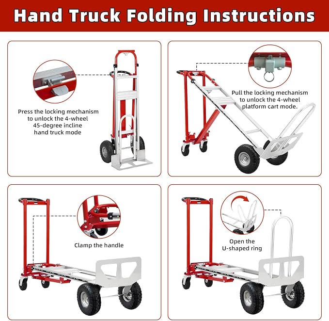 Aluminum 4 in 1 Convertible Hand Truck Dolly, 1000Lbs Capacity, Heavy Duty Folding Hand Truck Dolly Cart with Wheels 10" All-Terrain Tires, Hand Trucks for Logistics, Home, Office, School, Red