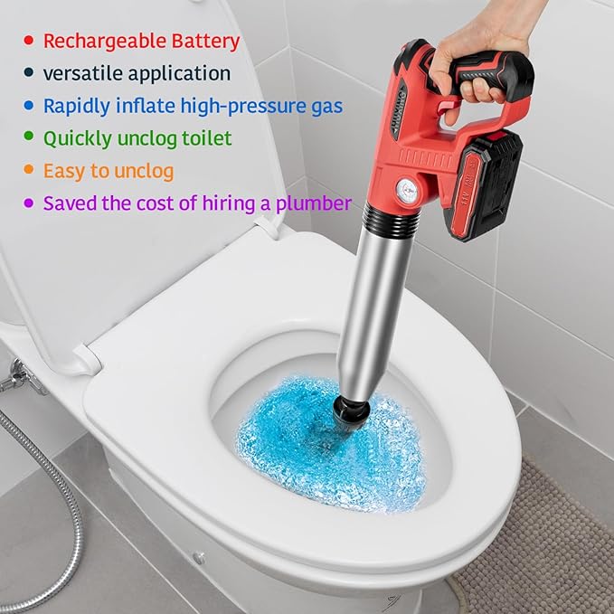 Electric Toilet Plunger with 2 batteries，Drain Clog Remover Tools,High Pressure Air Toilet Plungers Heavy Duty Plunger For Toilet,Bathroom,Floor Drain,Sewer,Pipe，RED