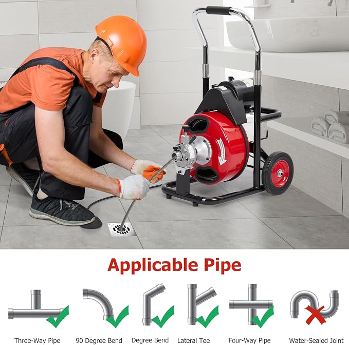 Garvee Drain Cleaner Machine, 75 ft X 1/2 in Professional Automatic Electric Drain Auger for 1 to 4 in Pipes, Portable Electric Drain Snake with 4 Cutters & Foot Switch and Pair of Gloves