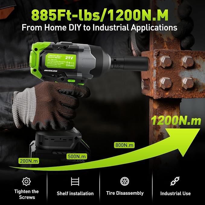 Cordless Impact Wrench for Car Tire Change, Max 1200N.m (885ft-Lbs) High Torque Impact Gun, Heavy Duty Impact Wrench for Mechanic, Auto Repair & Truck Maintenance, 4 Sockets