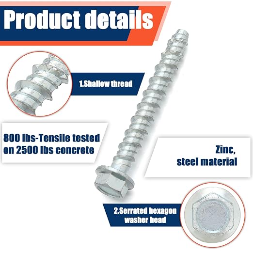 Tandefio 150 Pack 5/16" X 3" Galvanized Concrete Screws Large Diameter Anchors Concrete Screw Anchor Bolts Masonry Screw for Anchoring to Masonry Brick or Block