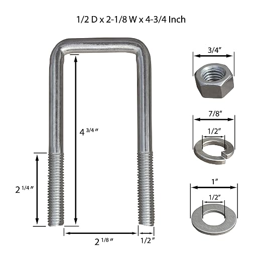 A.A Square U Bolts with Hardware for Boat Trailer, Electro-Galvanized Steel, 1/2" Diameter x 2-1/8" x 4-3/4" for 2x3 Beam (4 Pack)