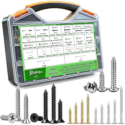 2000Pcs Hardware Nails & High Hardness Wood Screws & Round Head Sheet Metal Screws Assortment Kit,Phillips Drive Flat Head, Wood Screws,Galvanized,Picture Hanging,Wood,Common Nails with Storage Box