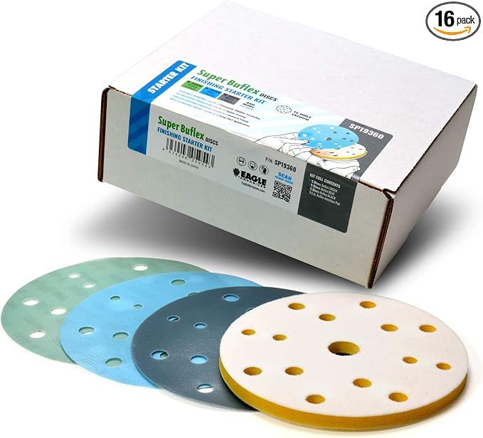 Eagle Abrasives Super Buflex Flexible Polishing Discs Starter Kit, SP19360, K2000 - K3000, 15 Holes, 15 Discs + 1 Interface Pad
