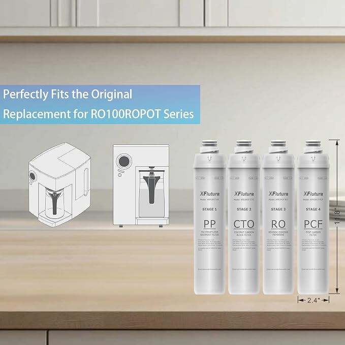 RO100ROPOT 4-Pack Replacement Filter Cartridge Set Compatible with Bluevua RO100ROPOT, RO100ROPOTUV Series Water Filter, Pack of 4 Filters (1*PP, 1*CTO, 1*RO, 1*PCF)