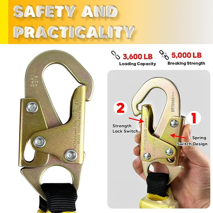 Fall Protection Safety Rope 50FT Heavy Duty Vertical Roofing Ropes with Alloy Steel Grab Snap Hooks Shock Absorber Fall Protection Tree Climbing Line Kit Tree Stand Safety Rope Line Kit