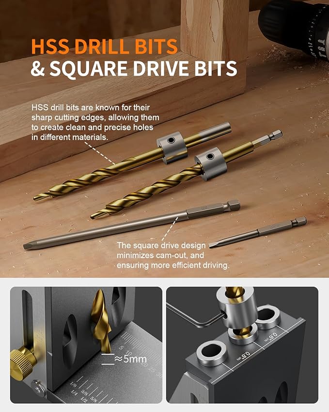Kolvoii Pocket Hole Jig, Professional Adjustable Pocket Screw Jig for Strong Joints, Versatile Drill Guide Jig for Materials 1/2" to 3 1/8" Thickness with Storage Case