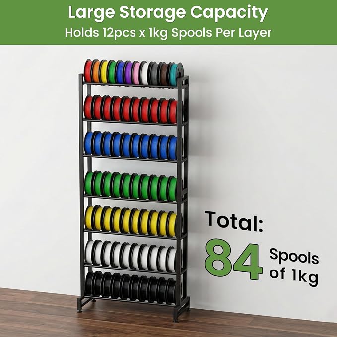 3D Printer Filament Rack, 7-Tier Heavy Duty Filament Storage Shelf, Reinforced Steel Organizer for PLA PETG ABS TPU Spools, Adjustable for 200g5kg Filaments, Ideal for Print Farm, Maker Space, Lab