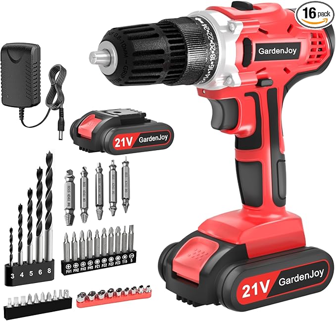 Cordless Drill Set 21v, Power Electric Kit 2 Batteries With Charger 30Nm Red