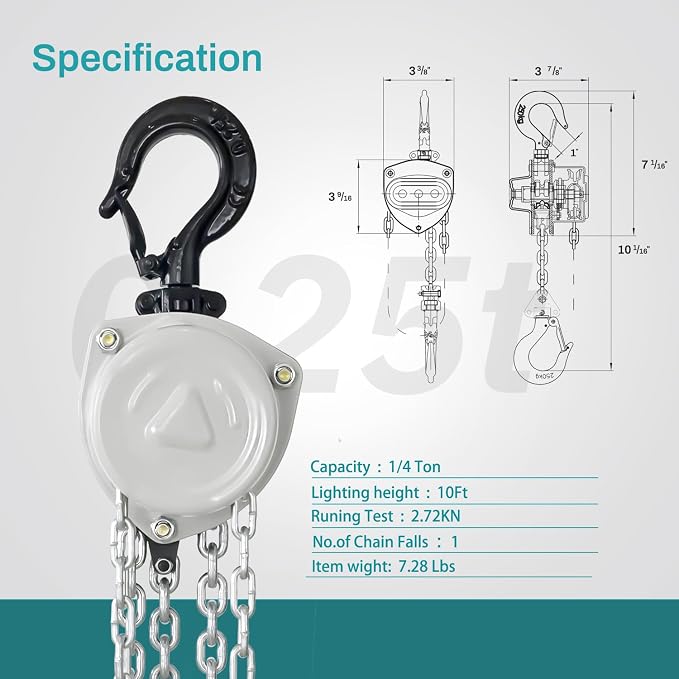 TOYO 550lbs Chain Hoist 1/4 Ton - Mini Hand Hoist with 10FT Chain, for Garages, Warehouse, Automotive - Heavy Duty Pulley Hoist with 2 Heavy Duty Hooks (550Lb 10Ft)