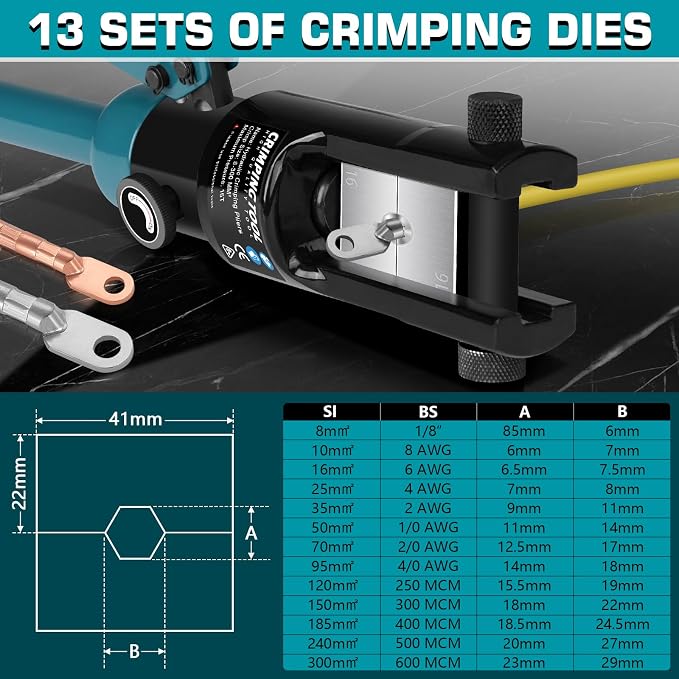 Hydraulic Crimping Tool, 16 Tons Wire Crimping Tool Kit with Cable Cutter | With 13 Pairs of Dies, 12 AWG to 600 MCM, Wire Rope Crimping Tool for Battery Cable Ends Ring Terminals, Blue