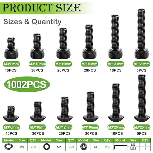 mxuteuk 1002PCS M3 Screws,M3 Metric Screws Assortment Kit,M3×6/10/12/16/20/25mm Machine Screws,12.9 & 10.9 Grade Alloy Steel Hex Socket Button & Cap Head M3 Bolts with 2 Hex Wrench