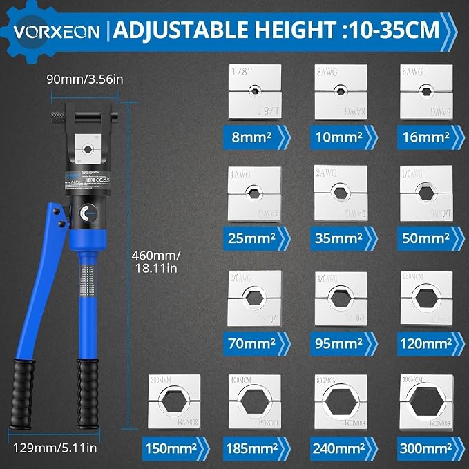 12 US TON Hydraulic Crimping Tool With Cable Cutters 10" And 13 PCS dies 1/8", 8 AWG - 4/0 AWG, 250 MCM - 600 MCM For hydraulic punch For Battery terminal crimper