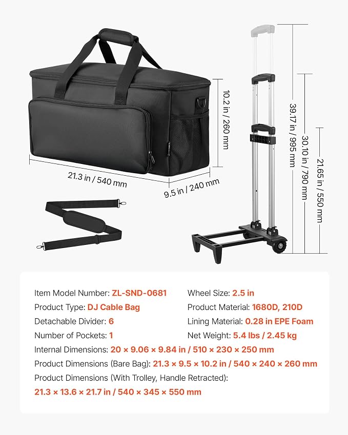 VEVOR Rolling DJ Cable Bag, 1680D, Padded File Gig Bag with Wheels, 6 Detachable Divider, Travel Storage Music Gear Case, for Professional DJ Gear, Musical Instrument and Accessories, Sound Equipment