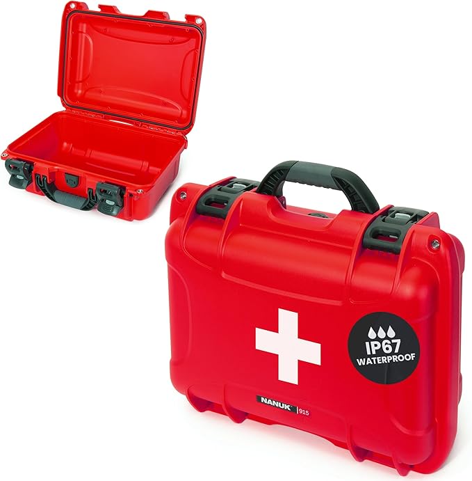 NANUK 915 Waterproof First Aid Box Empty – Durable, Medical First Aid Organizer Case, IP67-Rated, Dustproof, Impact-Resistant, and Floats (13.8" x 9.3" x 6.2") – Red | IP67 Waterproof and Dustproof, Nk-7 Resin, Interior 13.8 X 9.3 X 6.2 in, Powerclaw L...