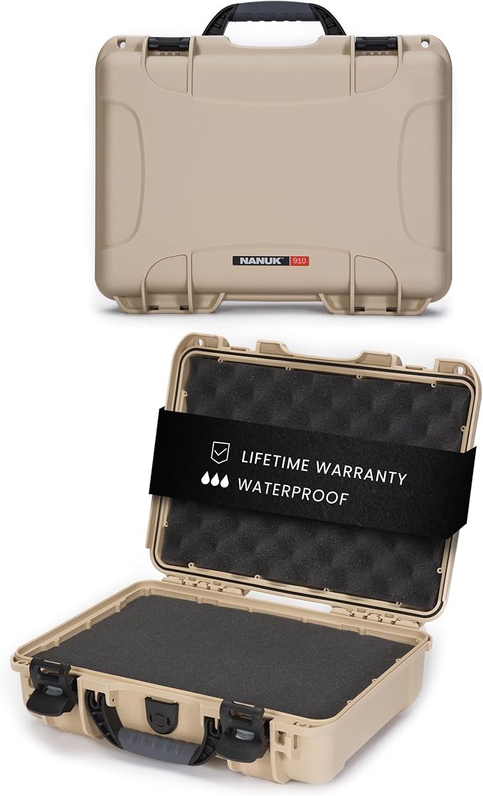 NANUK 910 Hard Case with Customizable Cubed Foam, IP67 Waterproof & Crushproof, Rugged Construction for Ultimate Protection, Made in North America – Tan (14.3” x 11.1” x 4.7”)