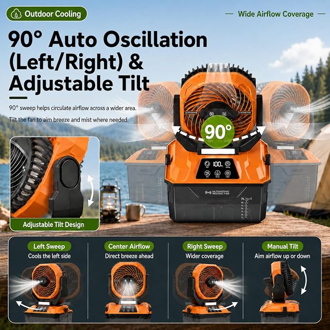 Portable Misting Fan for Patio, Outdoor Cooling Fan, 7L Water Tank, 20000mAh Battery, Remote Control, 1-12H Timer, 90° Oscillation, 5 Speeds & 4 Mist Levels, Camping, Beach, Fishing