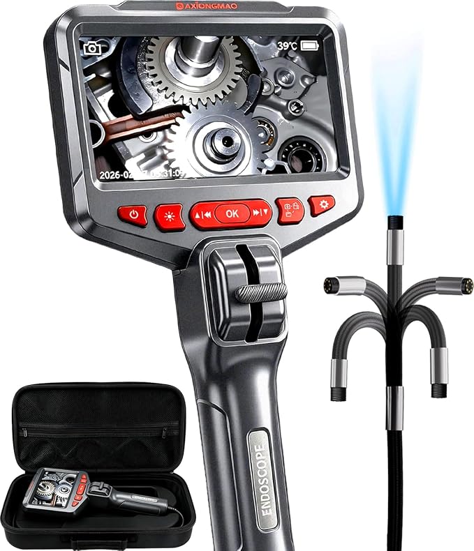 Two-Way Articulating Borescope, 1080P HD Industrial Endoscope Inspection Camera with 8 LED Lights, Mechanical Tool for Automotive, HVAC, Plumbing, IP67 Waterproof & 5ft Semi-Rigid Flexible Snake Probe