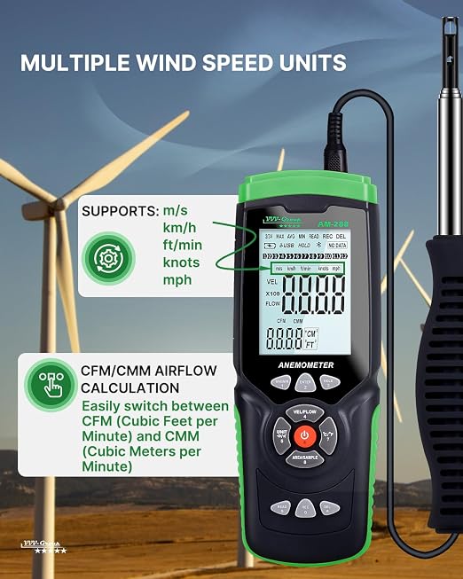 Hot Wire Anemometer AM-288 – HVAC Airflow Meter for Duct and Vent Testing, CFM/CMM Air Volume Calculation, Wind Speed & Temperature Measurement, Data Logging, USB PC Software
