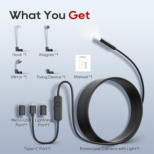 TOPDC Endoscope Camera with Light, 1920P HD Scope Camera, 8 LED Adjustable Inspection Borescope for Android and iOS, 16.4ft Semi-Rigid Snake Cable, IP67 Waterproof