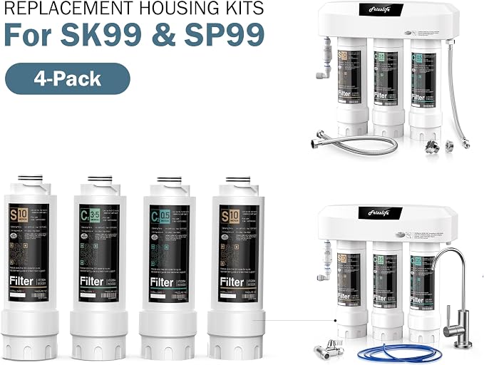 Frizzlife SKP-HF Replacement Housing Kits (4 Pack) With Filter Cartridges Inside for SK99 and SP99 Under Sink Water Filter System