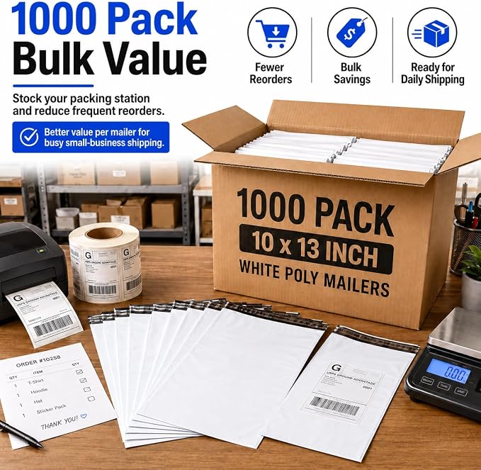 Fuxury Poly Mailers 10x13 Inch 1000Pcs,Bulk Shipping Bags for Clothes,White | Strong Adhesive Packaging Mailers Poly Bag,Waterproof Self Seal Mailing Envelopes,For Books Clothing Business,Boutique&Online