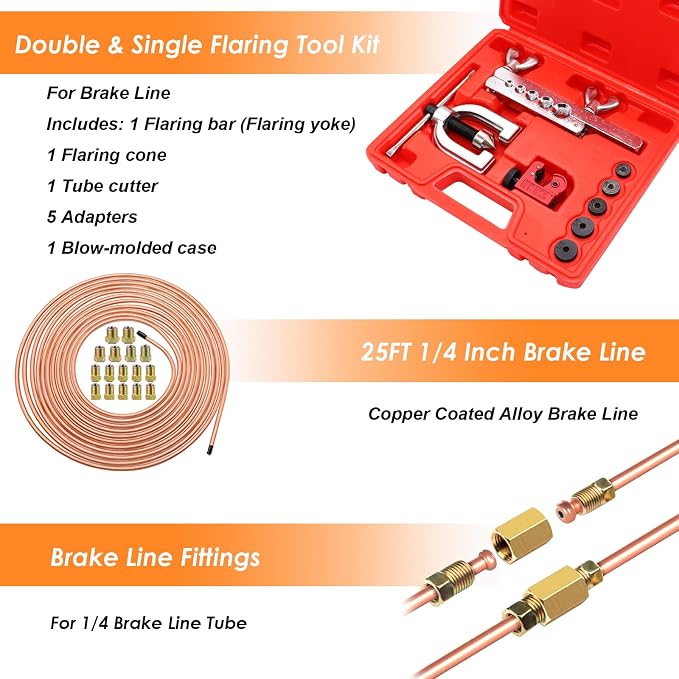 25 ft 1/4Inch Copper Coated Brake Line Kit(Includes 24 Fittings and 4 Unions) with Double & Single Flaring Tool Kit