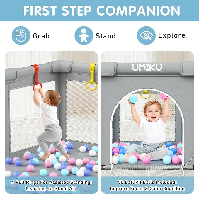 Baby Playpen Foldable Playpen for Babies and Toddlers, Large Playpens Portable Play Pen Safety Area for Kid Fence Travel Indoor Outdoor Baby Boy Girl Gifts Newborn Essentials 50"X50" Grey
