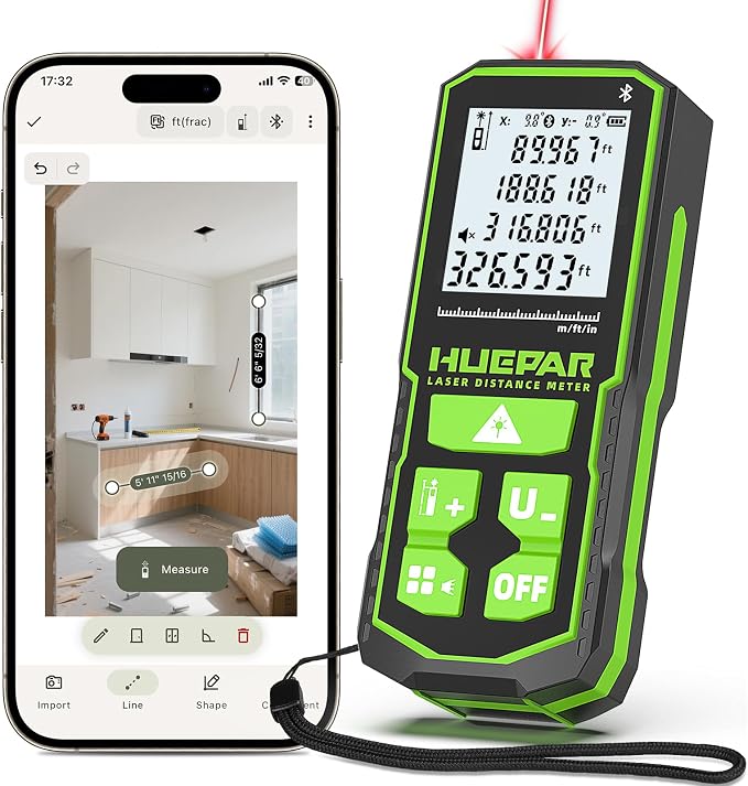 Huepar 330Ft Laser Measuring Tool with APP, 5 Years Warranty, Rechargeable Bluetooth Distance Meter, 1/16in Accuracy, Angle Sensor, Multiple Modes, IP54, Home&Construction, Fathers Days Dad Gifts