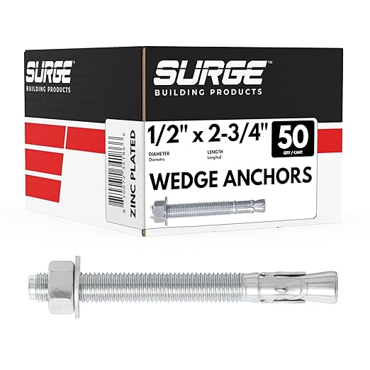 1/2" x 2-3/4" Zinc-Plated Wedge Anchors for Concrete and Cement | Heavy-Duty 1/2 Concrete Anchor Bolts (Box of 50)