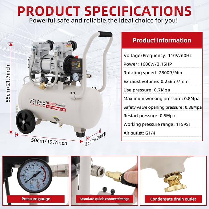 Ultra Quiet Air Compressor, Only 68dB, 8 Gallon Tank, Oil-Free, 110V/60Hz 2.15HP, 9.04CFM@115PSI, Air Compressor Perfect for Spray Painting, Auto Repair, Tire inflation, Woodwork nailing