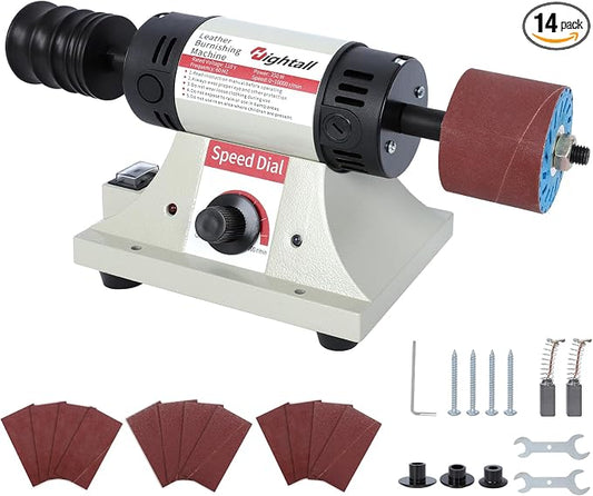 Leather Burnishing Machine, 1750-8500 RPM Variable Speed, 350W Electric Polishing Tool with Sanding Drum and Rosewood Grinding Head,12 Pcs Sanding Sleeves (80/120/240 Grit) & Mahogany Polishing Wheel