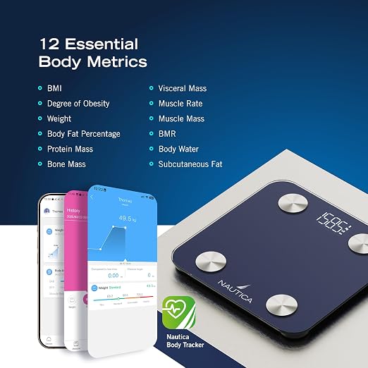 Nautica Body Tracker Digital Bathroom Scale, Bluetooth-Enabled Smart Scale with BMI, Body Fat, Muscle Mass Tracking & More, Syncs with Smartphone App for Body Composition Tracking, 396 Lbs.