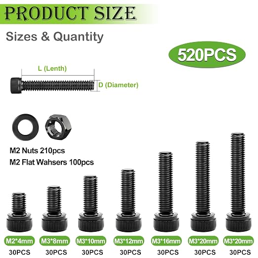 mxuteuk M2 Screws Assortment,M2 x 4/6/8/10/12/16/20mm Hex Socket Head Cap Screws Bolts Nuts Kit, 520PCS 12.9 Grade Alloy Steel Assorted Screws Small Metric Screws Suitable for 3D Printer DIY
