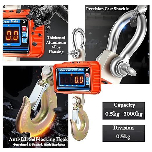 3000kg/6600lbs Digital Crane Scale, Waterproof Industrial Scale, Rechargeable Hanging Scale with Remote Shackle & Hook, Division 0.5kg, LED Display, KG/LBS/N