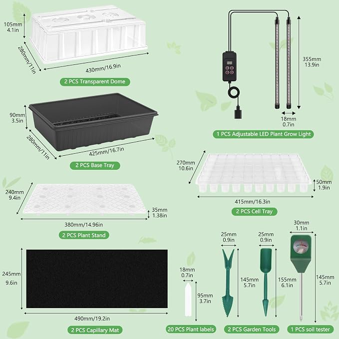 Seed Starting Tray - 60-Cell Self-Watering Tray, Seed Starter Kit LED Grow Light, Timer, Humidity Dome, pH Meter for Plant Germination, Vegetables, Herbs, Flowers