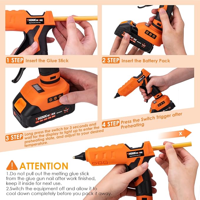 THINKWORK 20V Cordless Glue Gun - Digital Temp Adjustable Drip-Free Fast Heating Full Size Heavy Duty Hot Glue Gun with 32 Glue Sticks for Crafts DIY, Repair, Gift