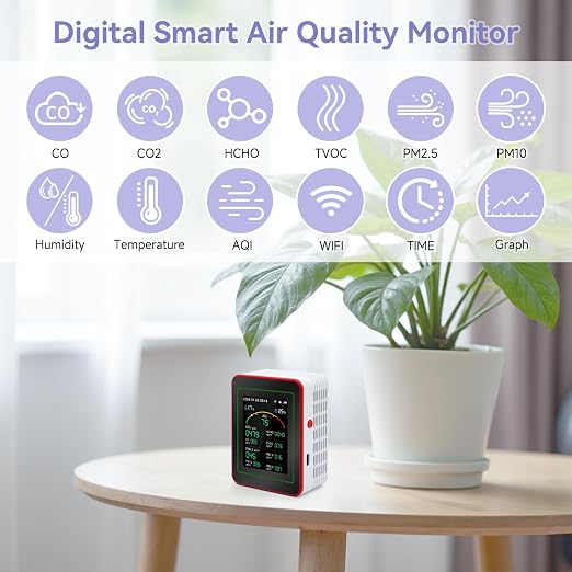 15-in-1 Air Quality Monitor Indoor with WiFi, CO2 HCHO PM TVOC AQI Temperature Humidity Sensor, Real-Time Display, App Control, Portable for Home & Office