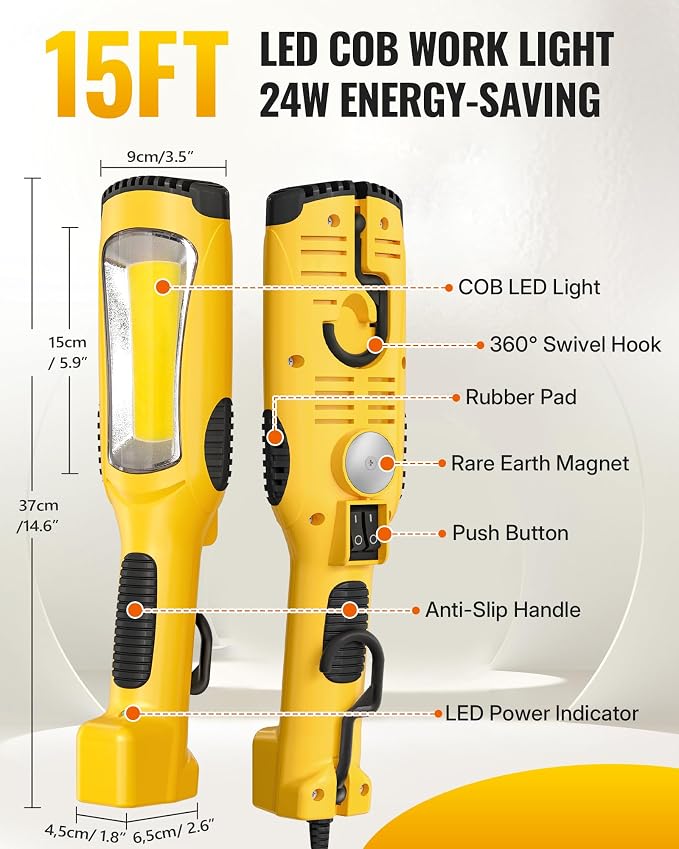 24W LED Work Light and 30 Ft Retractable Extension Cord Reel Bundle, for Garage, Workshop, Car Repair Scene Y05WL06-B30ACR06