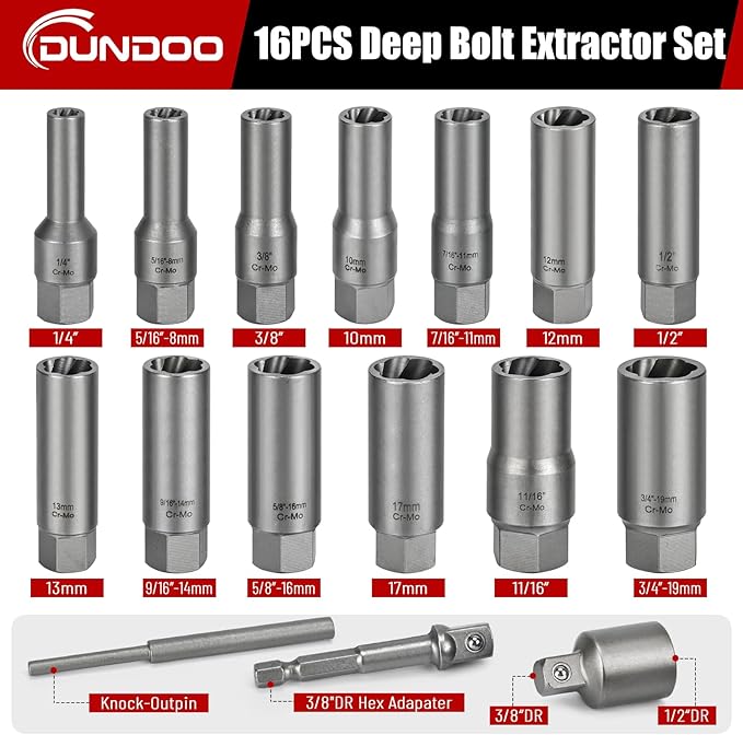 16pcs Bolt Extractor Kit, Stripped Bolt Extractor Set, Deep Long Easy Out Set, Lug Nut Remover Socket Tool for Studs, Damaged, Frozen, Rusted, Rounded-Off Bolts, Nuts