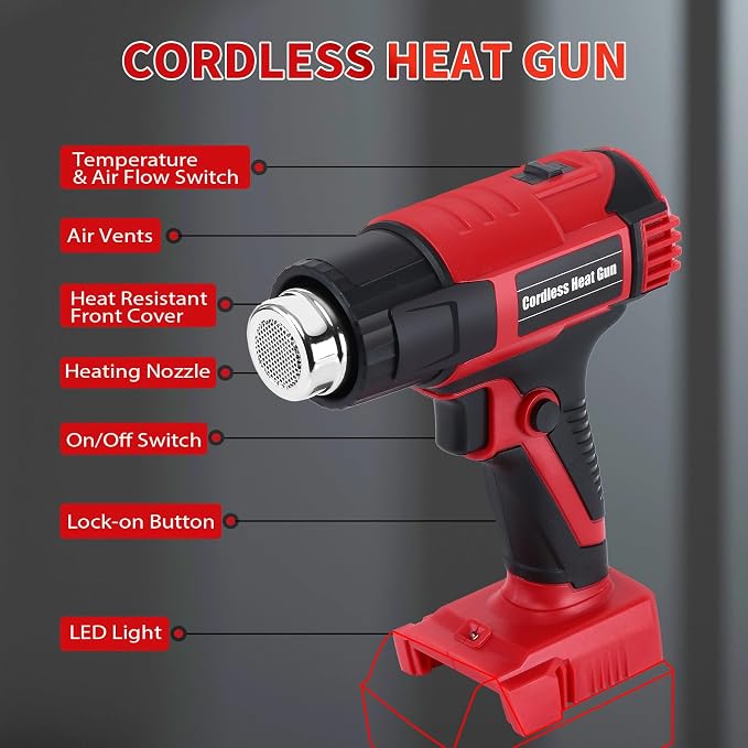Cordless Heat Gun for Milwaukee M18 18V Battery – 380W 1022°F Hot Air Gun for Electricians, DIYers & Auto Wrapping | Shrink Tubing, Vinyl Wrap, Paint Removal | LED Light, 4 Nozzles, Tool Only