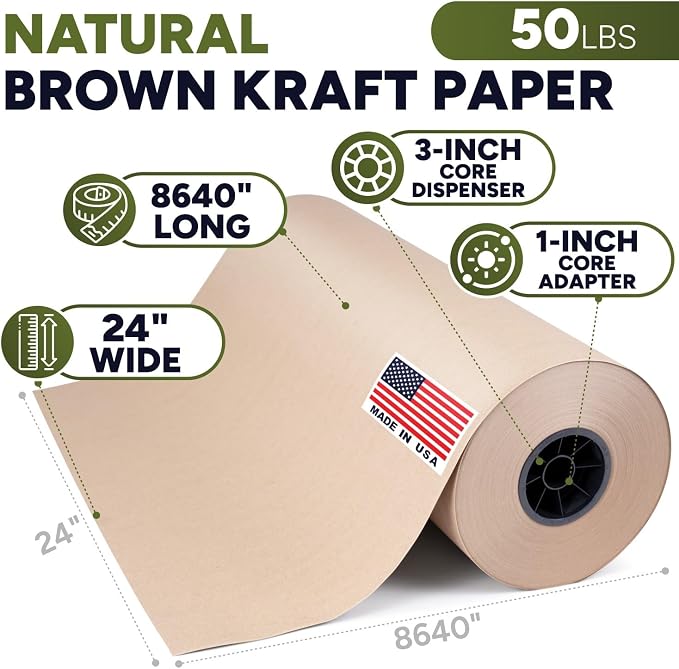 24" x 8640" (720 feet) Natural Brown Kraft Paper Roll, 50 Lb Heavy-Duty – Made in USA Large Roll of Brown Wrapping Paper, 3-inch Core – for Packaging, Void Filling, Shipping, School, Crafts | 50 Lb Heavy-Duty Made in USA Large Roll of Brown Wrapping Pa...