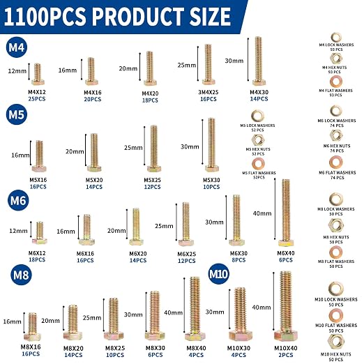 1100cs Grade 8.8 Metric Bolts and Nuts Assortment Kit, M4, M5, M6, M8, M10 Heavy Duty Hex Bolts and Nuts Kit, Assorted Nuts, Bolts, Flat & Lock Washers, Yellow Zinc Plated, Length from 12-40 mm