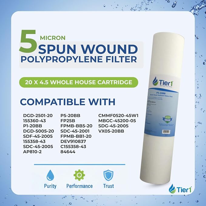 Tier1 5 Micron 20x4.5 Water Filter | Spun Wound Polypropylene Whole House Sediment Pre-Filter Cartridge | Replacement for Pentek DGD-5005-20, SDC-45-2005 | 4.5 x 20 Water Filter Cartridge (6-Pack)