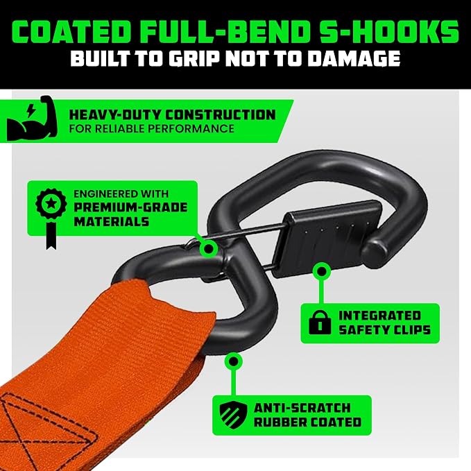 Rhino USA Retractable Ratchet Straps (4-Pack) - 1 Inch x 10 Feet (1,209lb Break Strength) - Auto Self Retracting Tie Down Straps for Truck, Cargo Trailer, Motorcycle, ATV, UTV - Orange