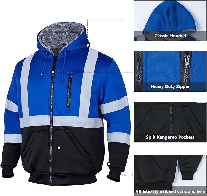 VENDACE Men's ANSI Class 3 High Visibility Safety Reflective Sweatshirts Wool Fleece Zipper Jacket Hoodie with Black Bottom(Royal Blue,2XL)