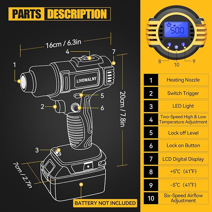 LIVOWALNY Cordless Heat Gun Compatible with Dewalt 20v Battery (Tool Only), 350W 122℉-1022℉ Fast Heating Soldering Hot Air Gun with LCD Digital Display for Shrink Tubing, PVC Wrap, Craft, Epoxy Resin